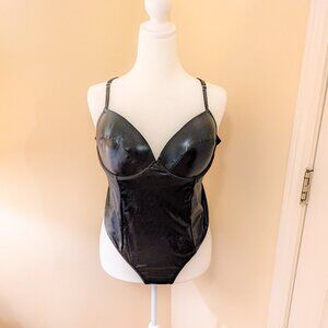 Black Faux Leather Bodysuit 🖤 Structured Cups | Edgy Minimalist Lingerie - 2X